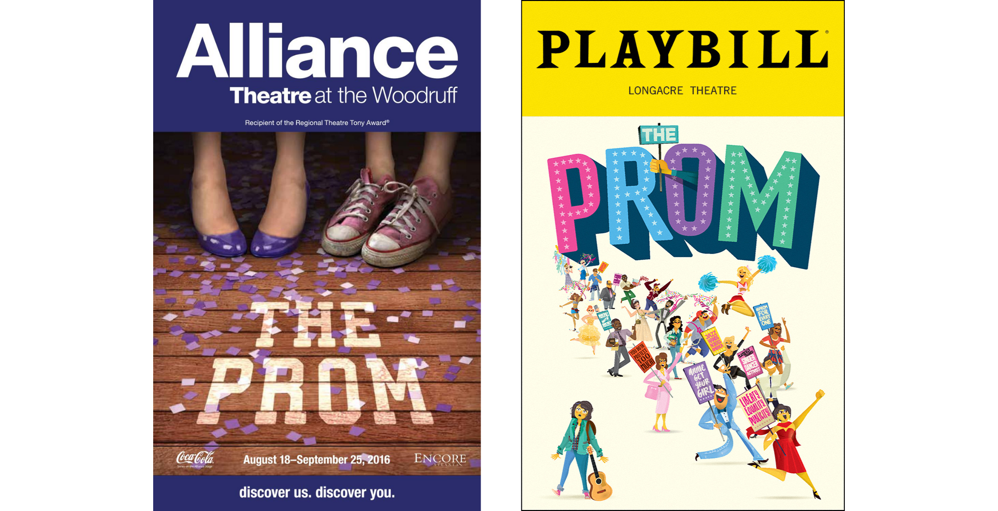 Program covers for The Prom at the Alliance Theater and on Broadway